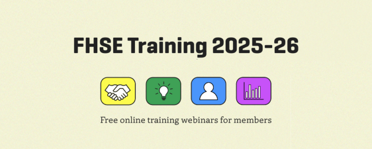 Four icons representing networking, ideas, individuals and business. The header reads "FHSE Training 2025-26"