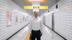 Still from EXIT 8 of a man grinning. He is alone in a large white corridor.