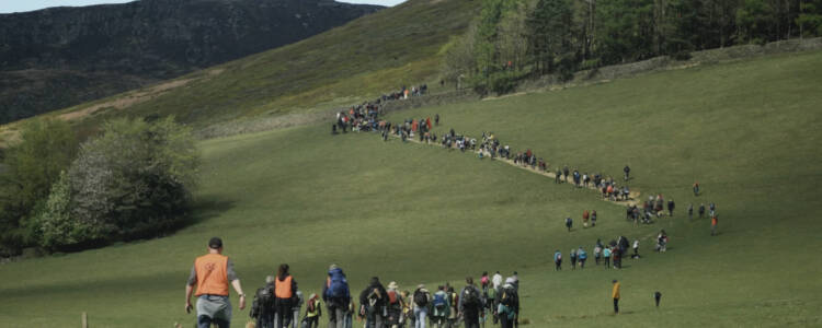 A line of walkers in different coloured clothes snake up a hillside of green grass, topped by green trees and pale blue sky