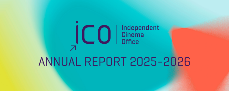 Abstract colourful shapes with the ICO logo and "Annual Report 2025-2026" in the centre.
